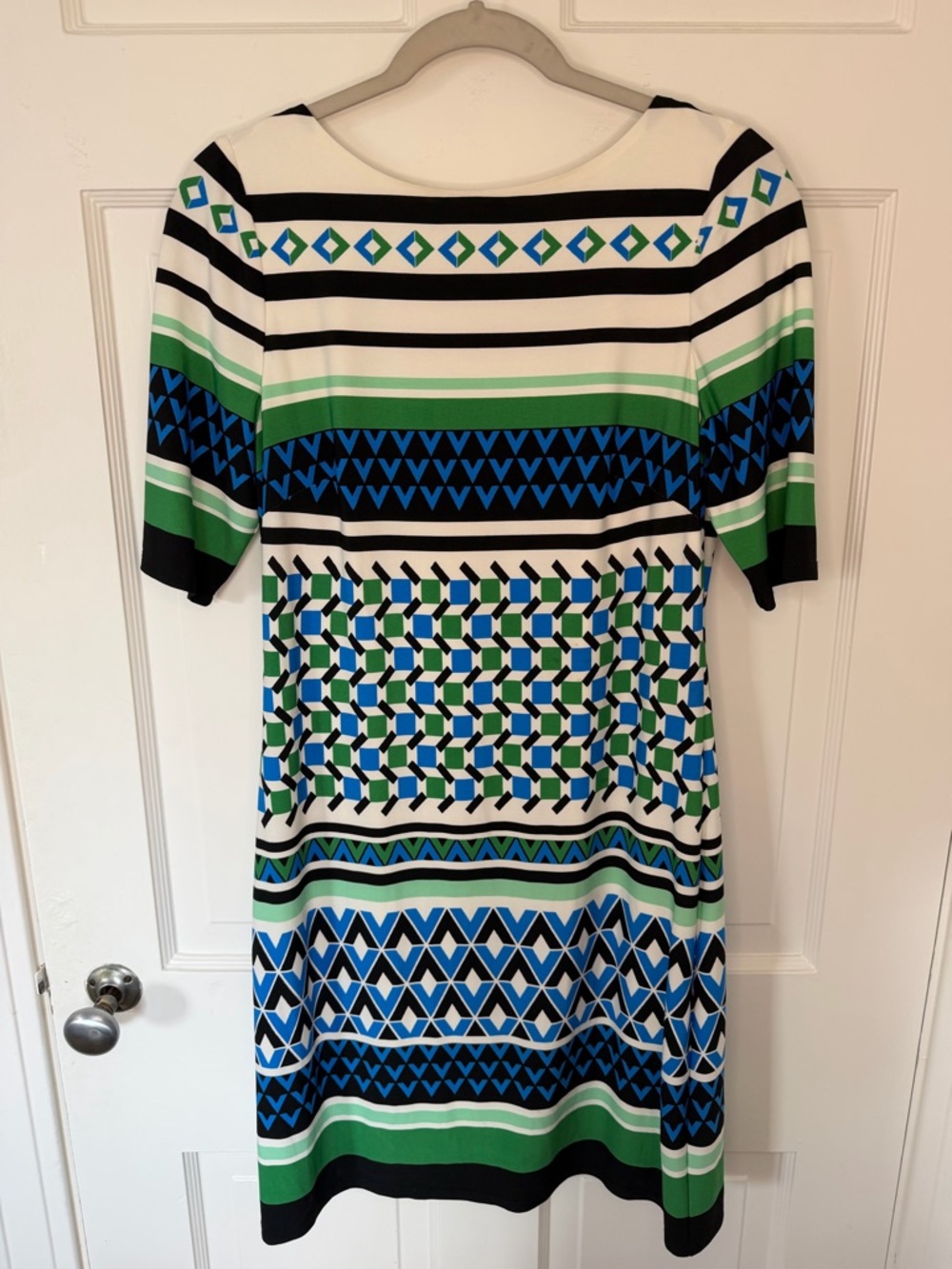 Eliza J Geometric Stripe Midi Dress in Blue, Green and White